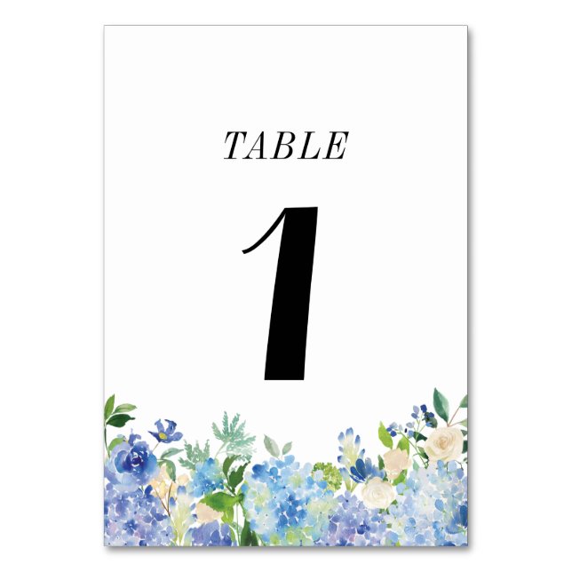 Blue Hydrangea Tischnummer Card - Tabelle 1 (Vorderseite)