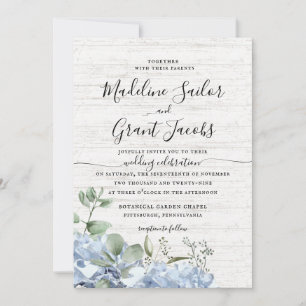 Blue Hydrangea und Greenery Barn Wood Wedding Invi Einladung