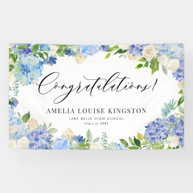 Blue Hydrangea und Ivory Rose Graduation Party Banner (Horizontal)