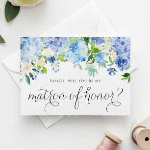 Blue Hydrangea und Ivory Rose Matron of Honour Einladungspostkarte