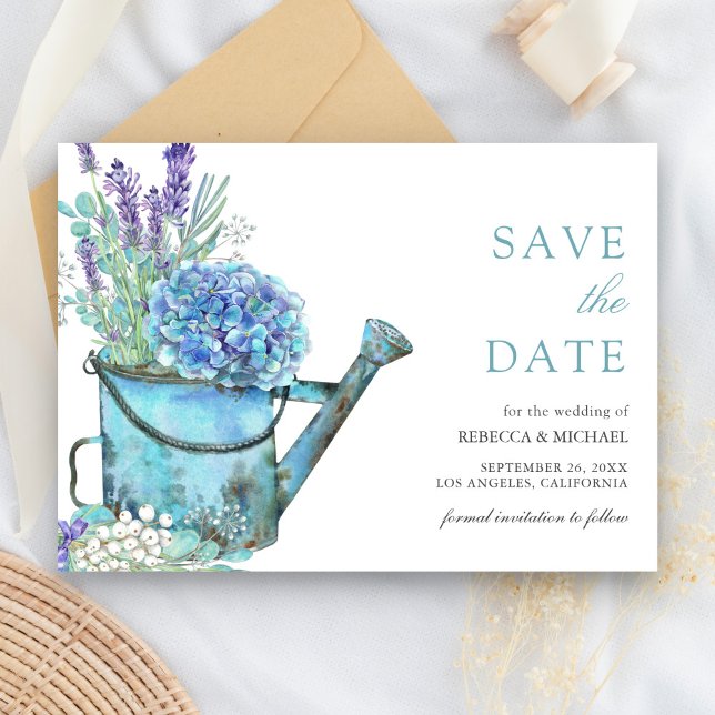 Blue Hydrangea und Lavender Floral Wedding Save The Date (Von Creator hochgeladen)