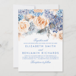 Blue Hydrangea und Peach Blume - Blumenhochzeit Einladung