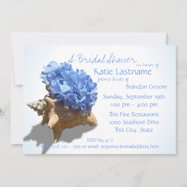 Blue Hydrangea und Seashell Brautparty Einladung (Vorderseite)