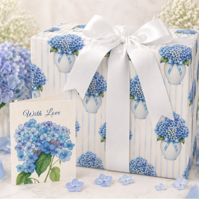 Blue Hydrangea Vase Coastal Wrapping Paper Geschenkpapier (Create a beautiful gift with hydrangea wrap and matching card—shop the complete look today)