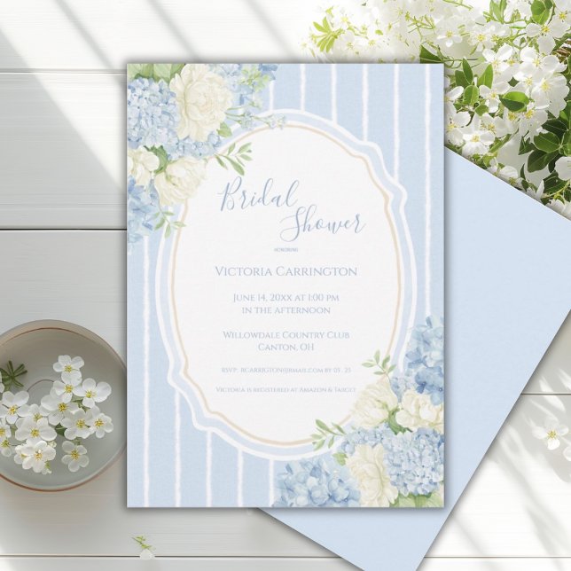 Blue Hydrangea Vintage Frame Bridal Shower  Einladung (Von Creator hochgeladen)