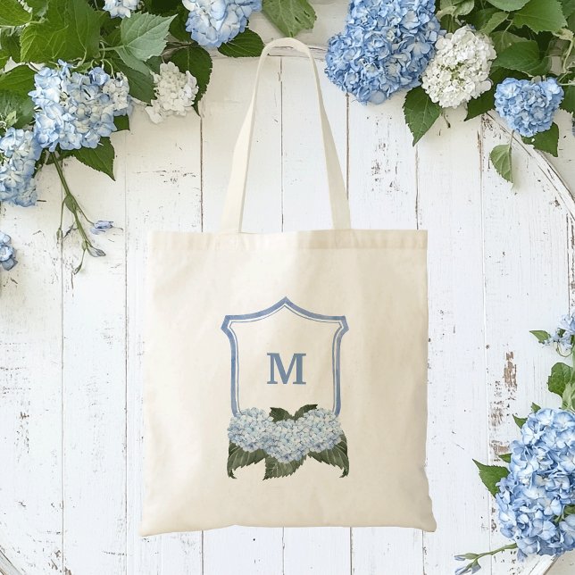 Blue Hydrangea Wappen und Basket Personalisiert Tragetasche (Monogram blue hydrangea tote bag)