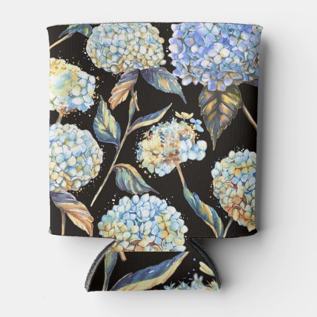 Blue Hydrangea Wasserfarbe: Dunkles, nahtloses Mus Dosenkühler (Vorderseite)