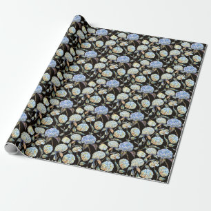 Blue Hydrangea Wasserfarbe: Dunkles, nahtloses Mus Geschenkpapier
