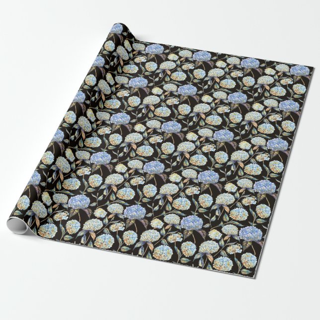 Blue Hydrangea Wasserfarbe: Dunkles, nahtloses Mus Geschenkpapier (Ungerollt)