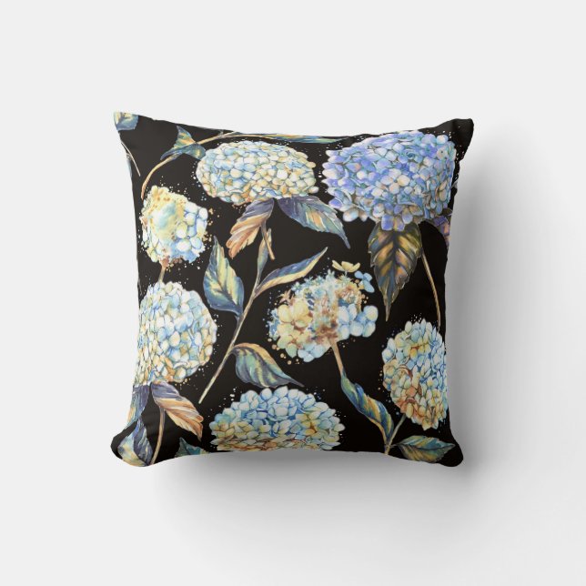 Blue Hydrangea Wasserfarbe: Dunkles, nahtloses Mus Kissen (Vorderseite)