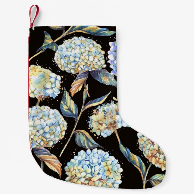 Blue Hydrangea Wasserfarbe: Dunkles, nahtloses Mus Kleiner Weihnachtsstrumpf (Vorderseite)