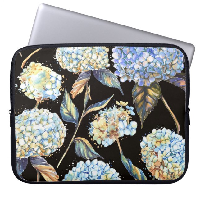 Blue Hydrangea Wasserfarbe: Dunkles, nahtloses Mus Laptopschutzhülle (Vorderseite)