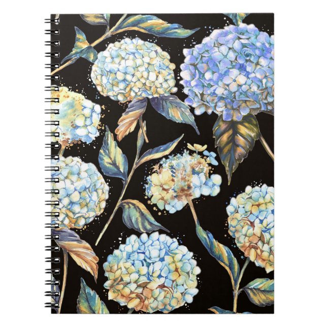 Blue Hydrangea Wasserfarbe: Dunkles, nahtloses Mus Notizblock (Vorderseite)