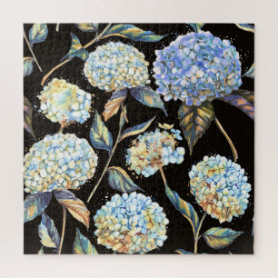 Blue Hydrangea Wasserfarbe: Dunkles, nahtloses Mus Puzzle