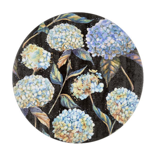 Blue Hydrangea Wasserfarbe: Dunkles, nahtloses Mus Schneidebrett (Vorderseite)