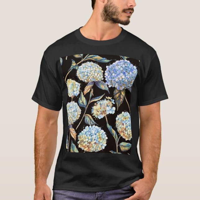 Blue Hydrangea Wasserfarbe: Dunkles, nahtloses Mus T-Shirt (Vorderseite)