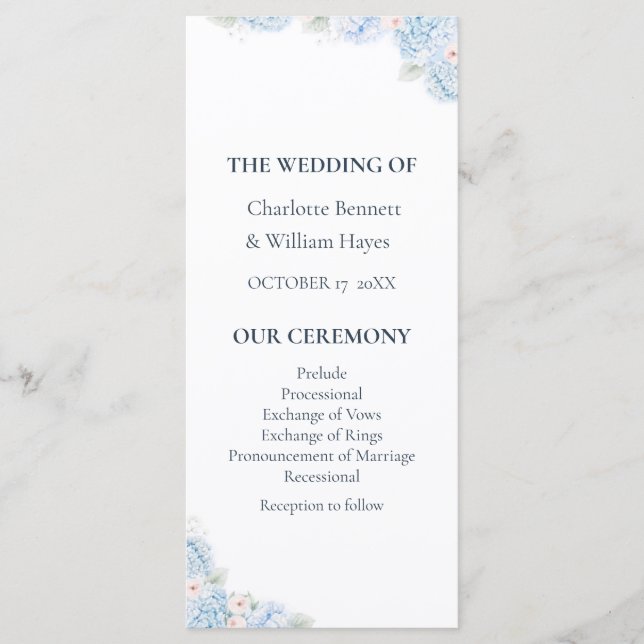 Blue Hydrangea Watercolor Floral Wedding Program Programm (Vorderseite)
