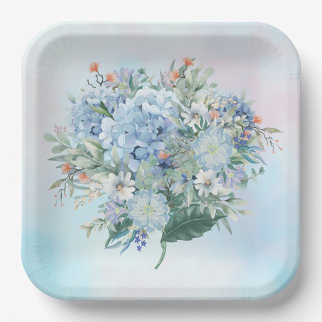 Blue Hydrangea Watercolor Paper Plate Pappteller (Vorderseite)