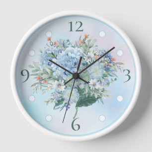 Blue Hydrangea Watercolor Rundwall Clock Uhr