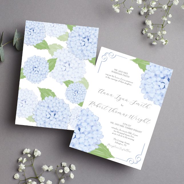 Blue Hydrangea Watercolor Script Wedding Einladung (Von Creator hochgeladen)
