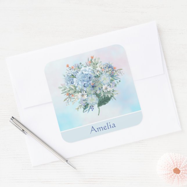 Blue Hydrangea Watercolor Square Sticker (Umschlag)