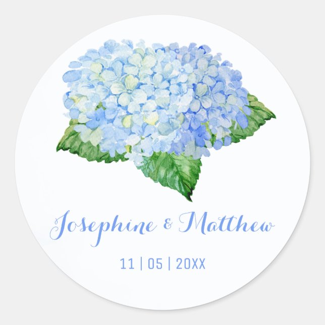Blue Hydrangea Watercolor Wedding Stickers (Vorderseite)
