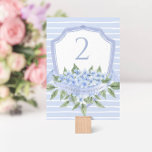 Blue Hydrangea Watercolor Wedding Wappen Tischnummer<br><div class="desc">Diese wunderschöne Blumenkarte verfügt über ein Aquarellblau-Wappen mit Hydrangea-Blume und Ihren eigenen Text auf beiden Seiten der Tischnummer. Verwenden Sie die Vorlage,  um Ihre Informationen auszufüllen. Mit der Funktion "Weitere Anpassung" können Sie den Schriftart (Größe,  Stil,  Farbe) ändern,  mehr Textzeilen hinzufügen oder das Layout ändern.</div>