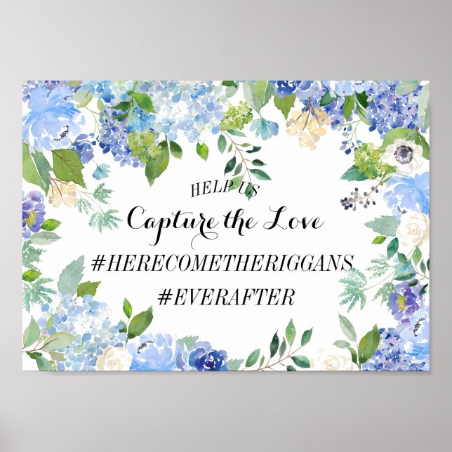Blue Hydrangea Wedding Hashtag Sign Poster (Vorne)