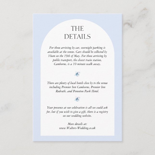 Blue Hydrangea Wedding Invite Details Card Begleitkarte (Vorderseite)