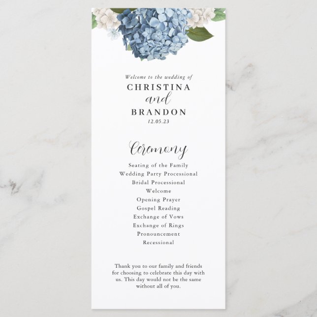 Blue Hydrangea Wedding Program Menükarte (Vorderseite)