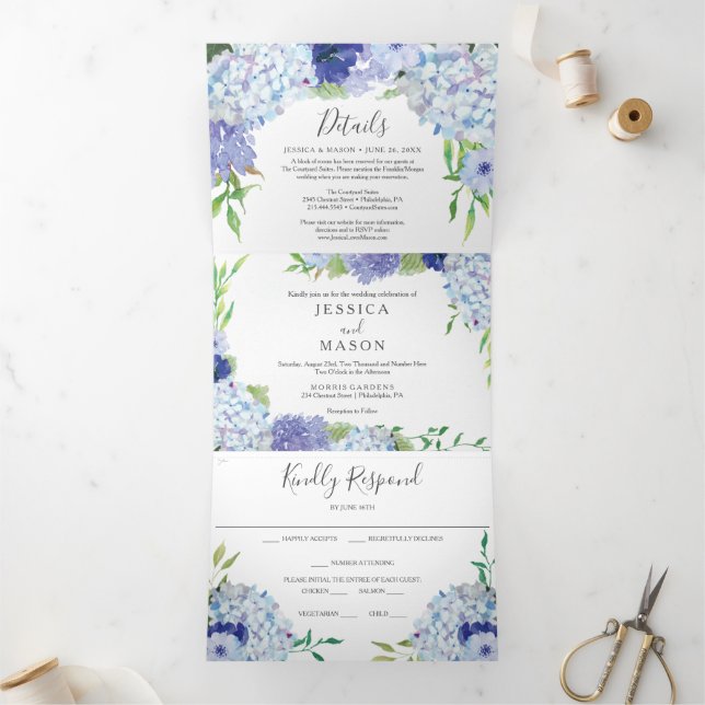 Blue Hydrangea Wedding Tri-Fold Einladungen (Innenseite)