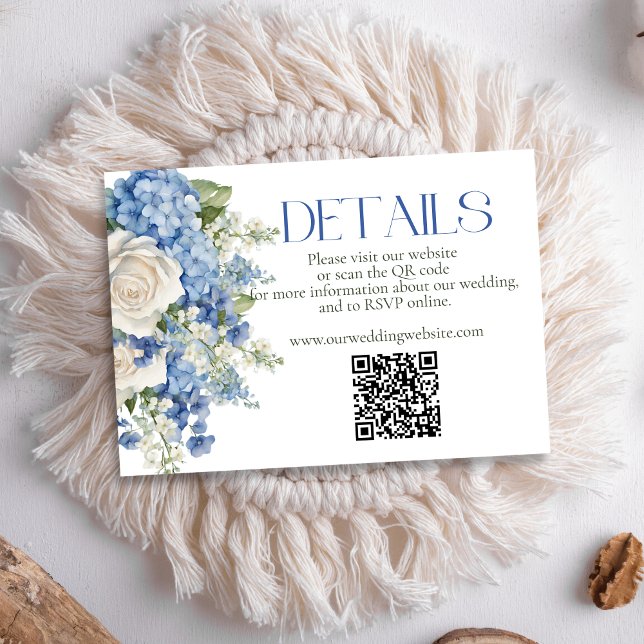 Blue Hydrangea White Floral Wedding QR Code Site Begleitkarte (Von Creator hochgeladen)