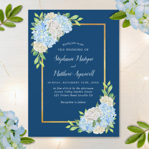 Blue Hydrangea White Roses Gold Wedding Einladung