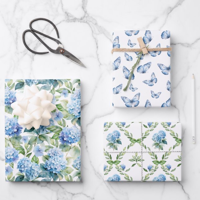 Blue Hydrangea Wrapping Paper Geschenkpapier Set (Vorderseite)