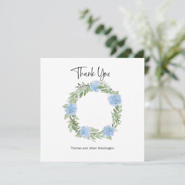 Blue Hydrangea Wreath Danke-Card Dankeskarte (Stehend Vorderseite)