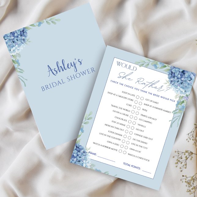 Blue Hydrangea würde eher Brautparty spielen (Blue Hydrangea Would She Rather Bridal Shower Game)