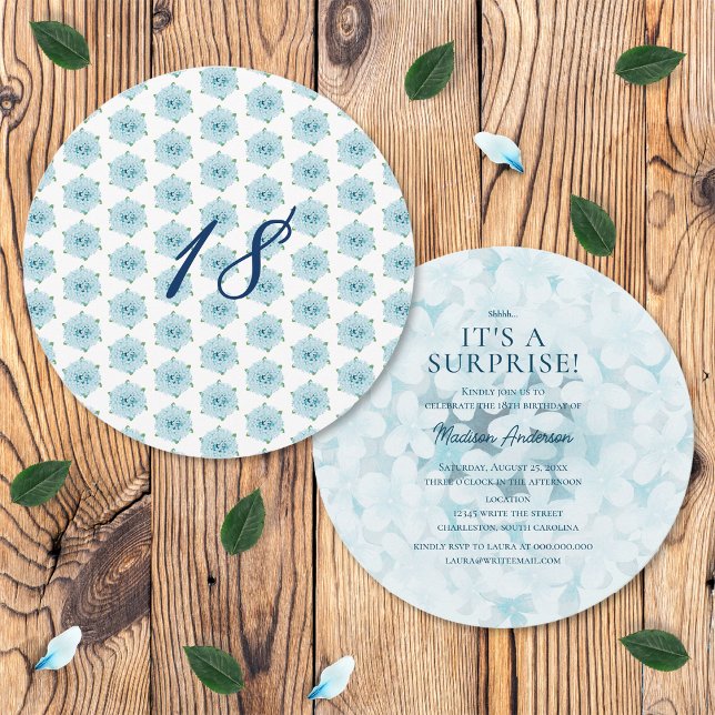 Blue Hydrangeas 18. Überraschung Geburtstagsparty Einladung (Front and Back)