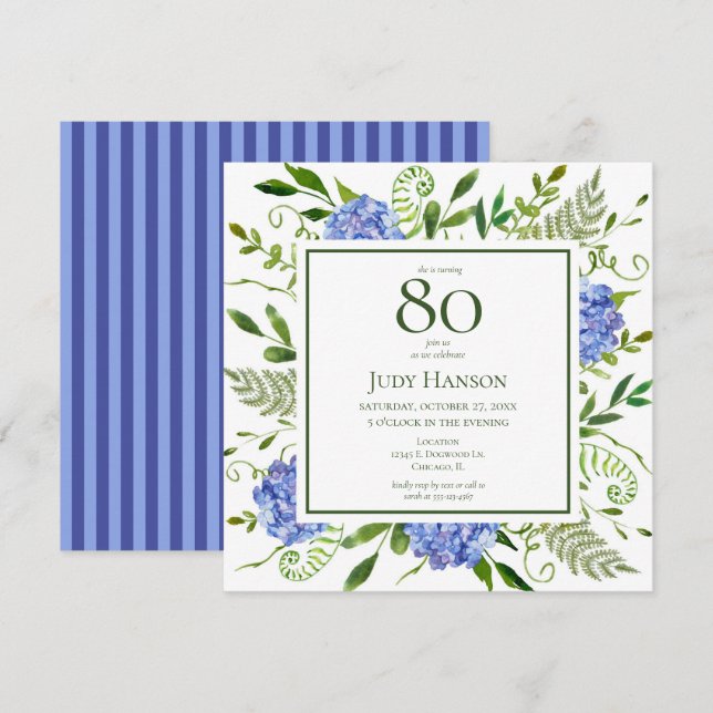 Blue Hydrangeas 80. Geburtstag Einladung (Vorne/Hinten)