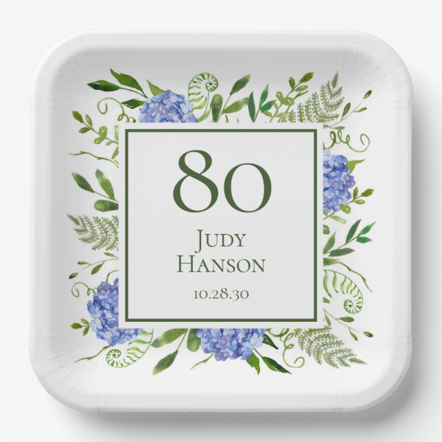 Blue Hydrangeas 80. Geburtstag Pappteller (Vorderseite)