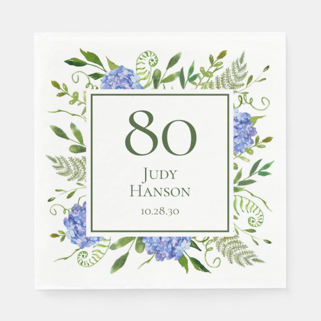 Blue Hydrangeas 80. Geburtstag Serviette (Vorderseite)