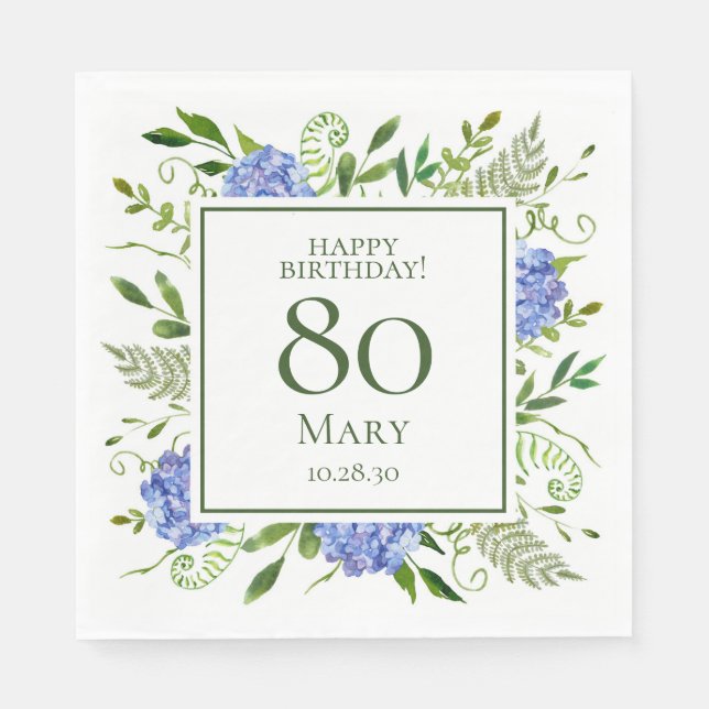 Blue Hydrangeas 80. Geburtstag Serviette (Vorderseite)