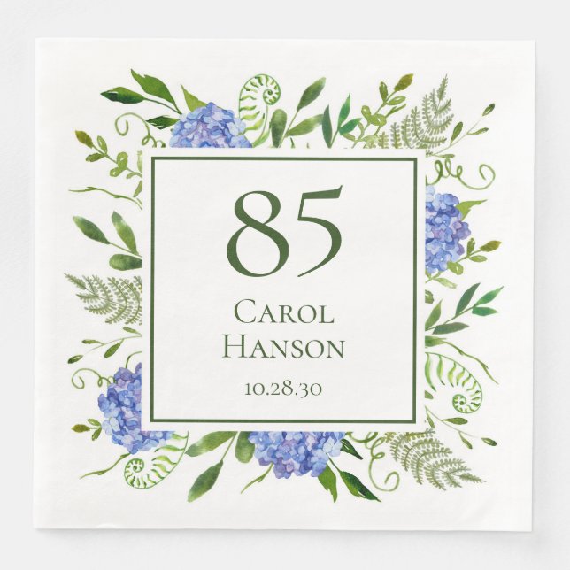 Blue Hydrangeas 85. Geburtstag Serviette (Vorderseite)