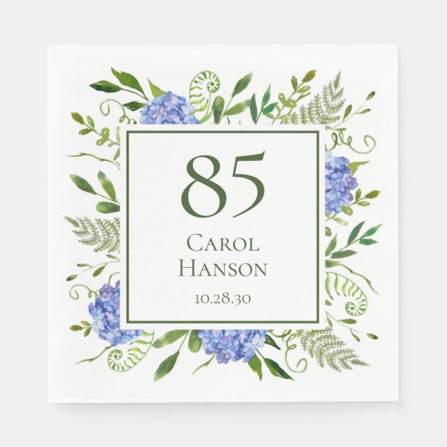 Blue Hydrangeas 85. Geburtstag Serviette (Vorderseite)