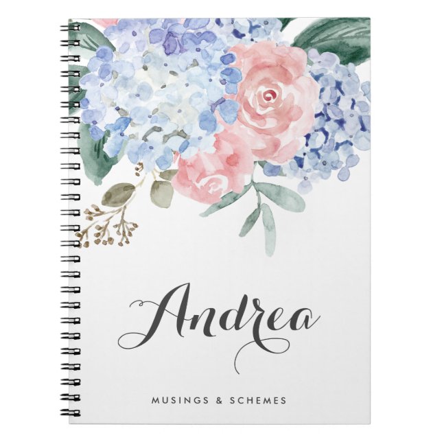 Blue Hydrangeas and Pink Roses Calligraphy Notizblock (Vorderseite)