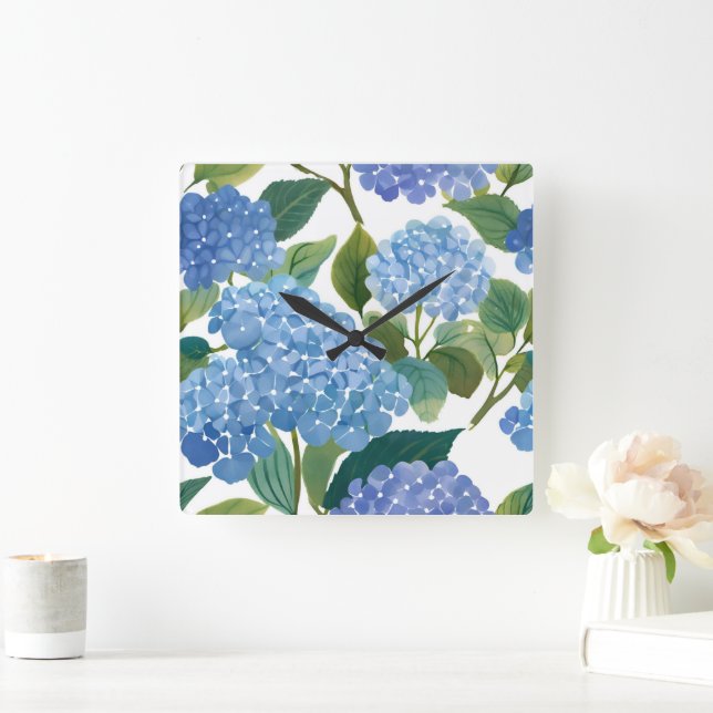 Blue Hydrangeas | Beautiful Floral Bush Quadratische Wanduhr (Zuhause)