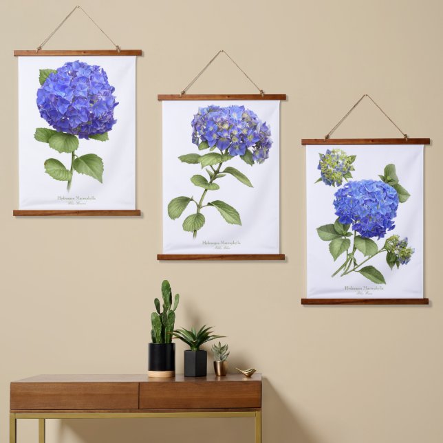 Blue Hydrangeas Blume Botanische Kunst Set 3 Wandteppich Mit Holzrahmen (Asymmetrisch)