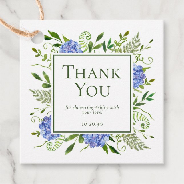 Blue Hydrangeas Boy Baby Dusche Vielen Dank Geschenkanhänger (Vorderseite)