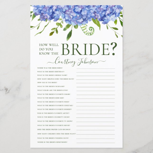 Blue Hydrangeas Brautparty Game (Vorderseite)