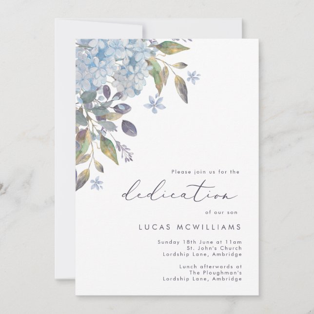 Blue Hydrangeas Calligraphy Baby Dedication Einladung (Vorderseite)