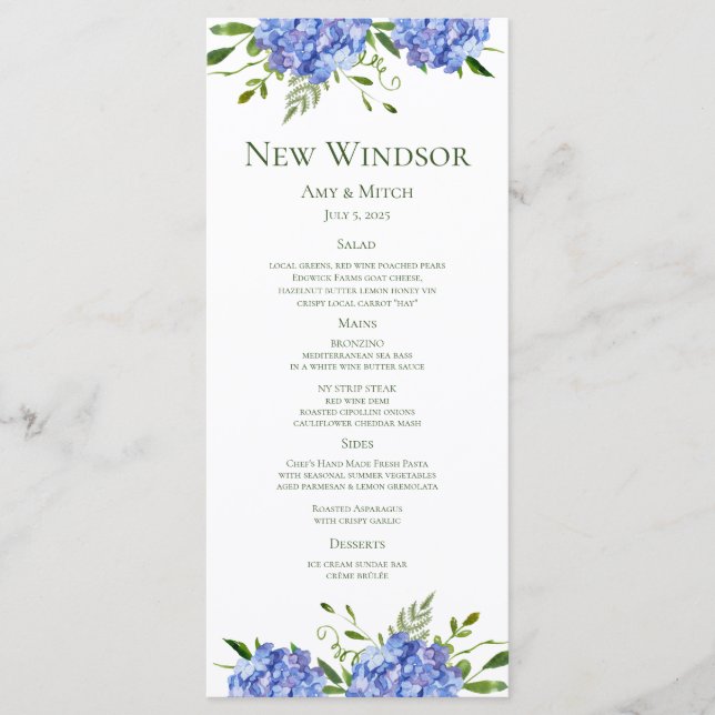 Blue Hydrangeas Engagement Party Menükarte (Vorderseite)